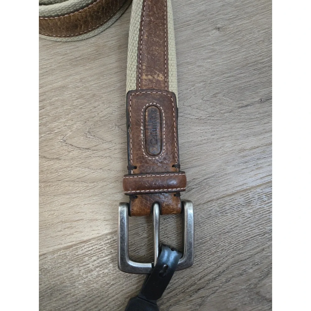 Columbia Mens Canvas Webbing Brown Leather Inlay Belt Silver Buckle Size 34